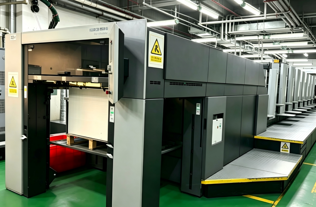 Heidelberg 7-color UV offset printing machine at MOJOCARDO factory for high-quality tarot and playing card production.